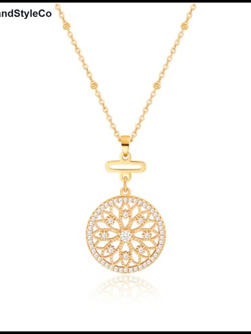 18K Gold Plated Brass Pendant Necklace with Cubic Zirconia Mandala Coin Charm